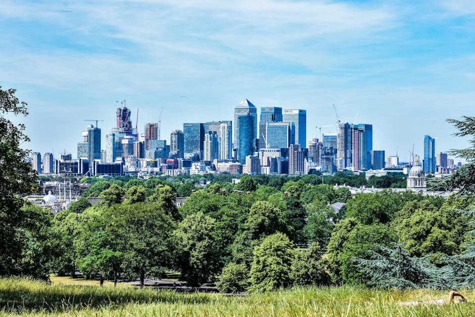 A wide view of a modern city skyline with numerous high-rise buildings made of glass and steel, some under construction with cranes visible, set against a bright blue sky with wispy clouds. In the foreground, there is a lush, green park with dense trees and grassy areas, providing a natural contrast to the urban environment. The skyline includes a variety of architectural styles and building heights, with some structures featuring reflective surfaces that mirror the sky. The park appears well-maintained, with mature trees and open spaces, and serves as a natural buffer between the city and the surrounding residential or commercial areas. The scene is illuminated by daylight, highlighting the textures and colors of both the greenery and the buildings, creating a balanced composition that emphasizes the coexistence of natural and built environments. This view exemplifies the urban landscape that may benefit from independent rubbish removal services by [COMPANY_NAME], which handle waste management in such dynamic city settings.
